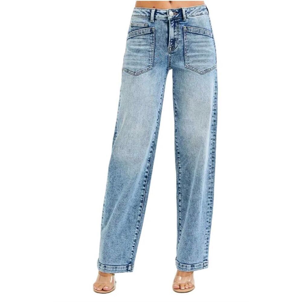 Risen Slouchy Baggy Patch Pocket Straight High Rise Jeans 11/30 Trendy Denim